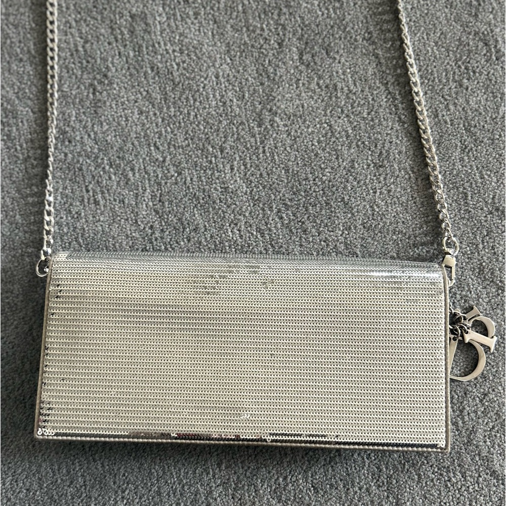 Authentic Dior Silver Sequin Cannage Lady Dior Clutch